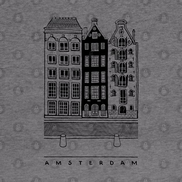 Three old houses. Amsterdam, Netherlands. Realistic black and white illustration. by ArchiTania